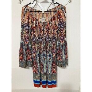 Boston Proper Womans Dress Sz 4 Multicolor Gypsy Boho Smocked Waist Bell Sleeve